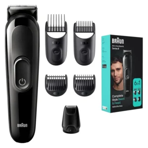 Braun 6-in-1 style kit for men, offering beard trimming, hair clipping, and body grooming with washable heads and cordless operation.