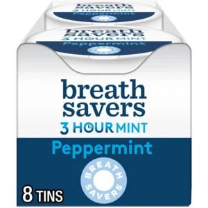 This image shows eight tins of BREATH SAVERS Peppermint Flavored Sugar Free Breath Mints, offering up to 3 hours of fresh breath with Neutrazin.