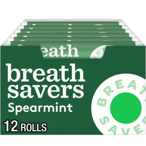 This image shows a 24-pack of BREATH SAVERS Spearmint sugar-free mints, each roll is individually wrapped for on-the-go freshness.