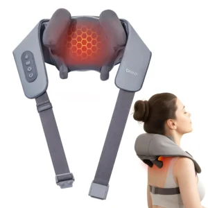 The Breo N5 Mini neck and shoulder massager is shown with its ergonomic, backpack-wearing design, featuring 5D massage heads for deep tissue muscle relaxation and heat compress settings.