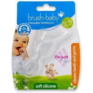 This white Brush-Baby chewable toothbrush and teether, made from medical-grade silicone, soothes sore gums and gently cleans emerging teeth for babies 10 to 36 months old.