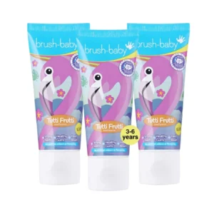 Three tubes of Brush-Baby Tutti Frutti flavored fluoride toothpaste for kids aged three and up with xylitol for strong teeth and healthy gums.