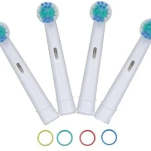 Four replacement brush heads for Oral-B electric toothbrushes with color-coded rings for easy identification.