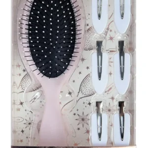 A pink Brushworks hair brush and six no-crease hair clips for effortless, vegan hair styling.