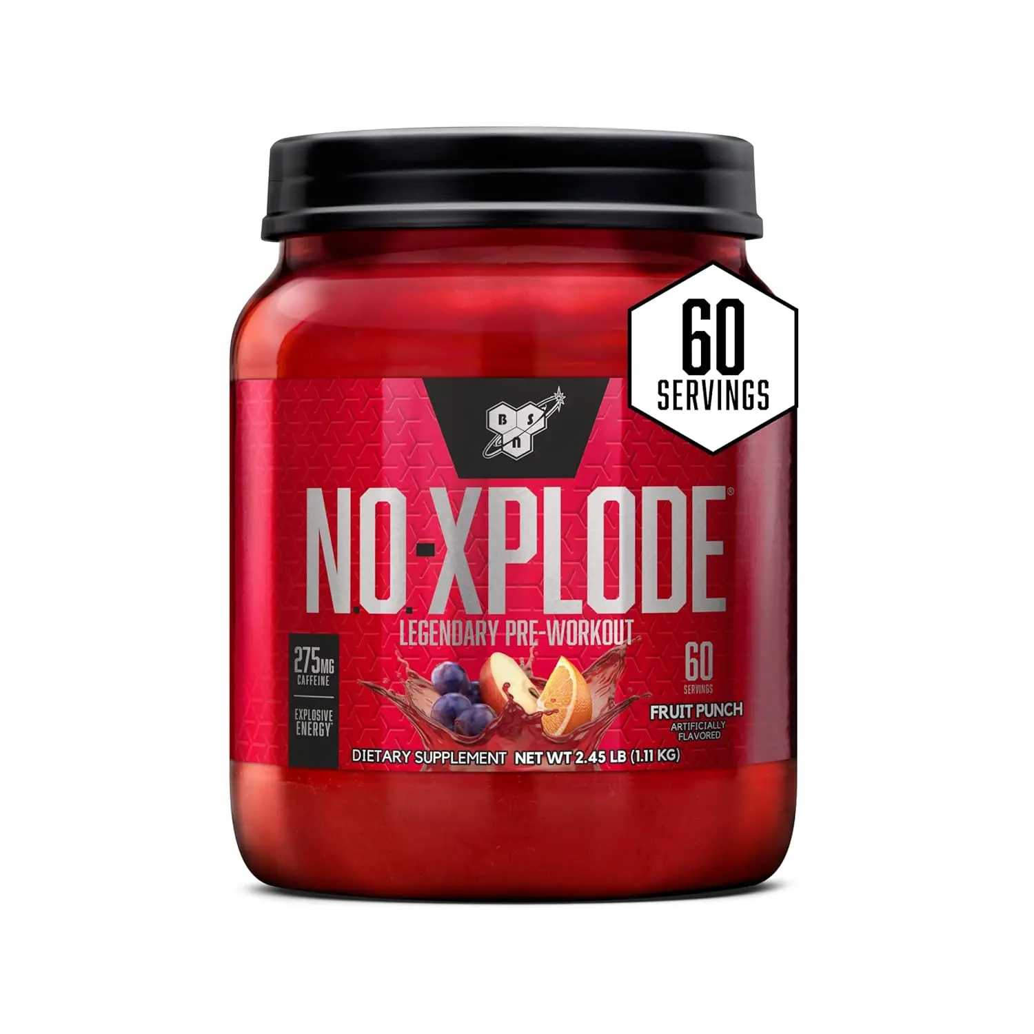 BSN N.O. Xplode Fruit Punch pre-workout supplement provides energy, focus, and enhanced performance.