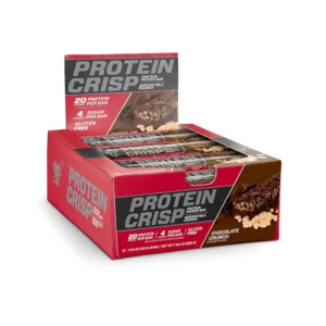 BSN Protein Crisp Bar by Syntha-6 with 20g of whey protein is gluten-free, low in sugar, and has a chocolate crunch.
