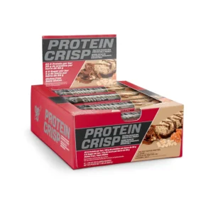 Twelve BSN protein crisp bars in salted toffee pretzel flavor, offering 20g of whey protein with low sugar and a gluten-free recipe for a satisfying and convenient snack.