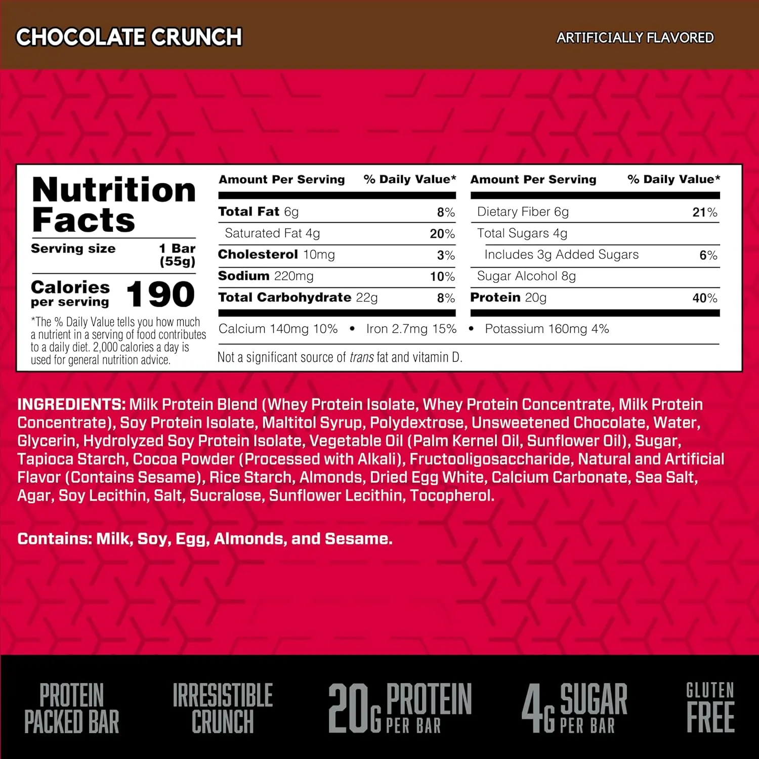 BSN Protein Crisp Bar by Syntha-6 with 20g of whey protein is gluten-free, low in sugar, and has a chocolate crunch.