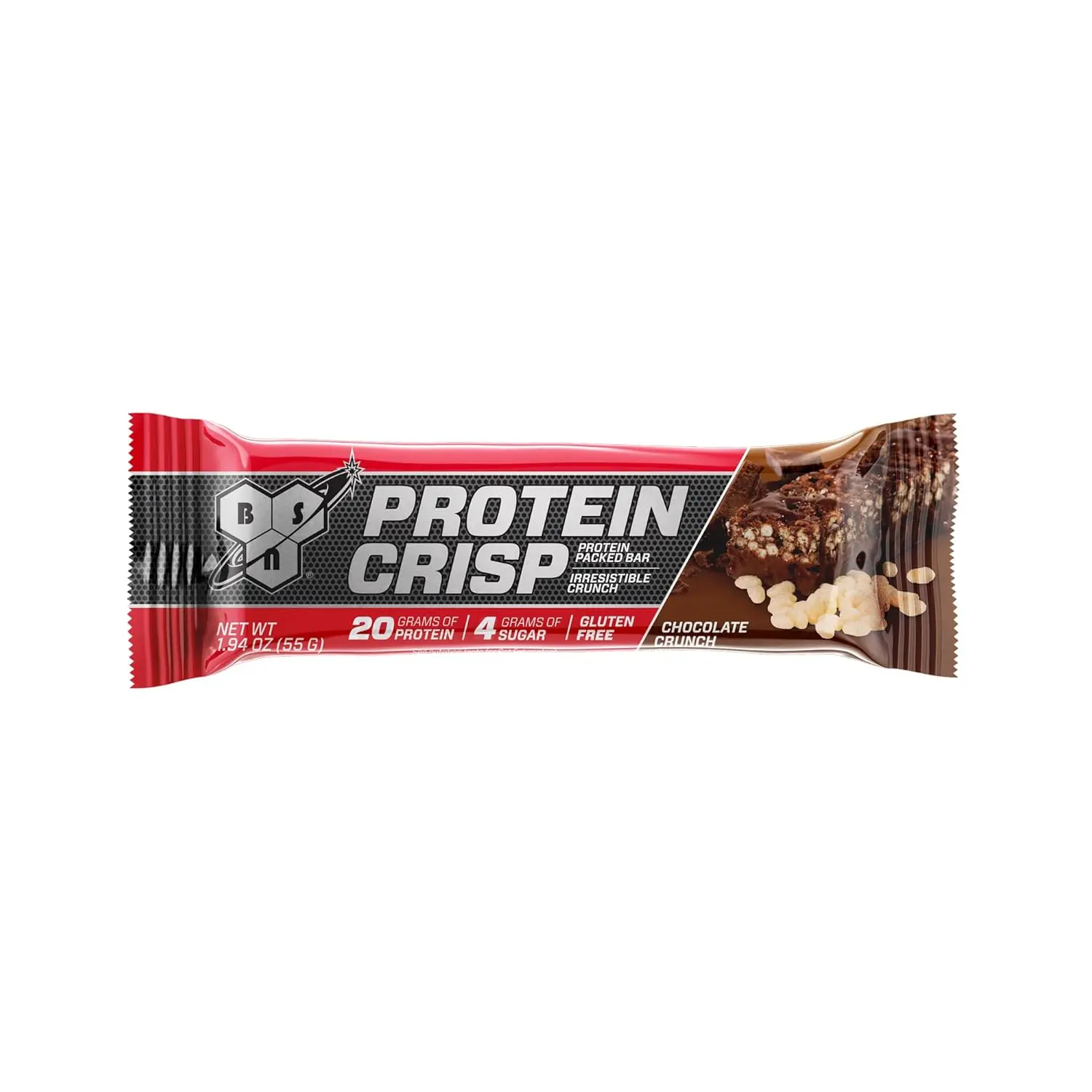 BSN Protein Crisp Bar by Syntha-6 with 20g of whey protein is gluten-free, low in sugar, and has a chocolate crunch.