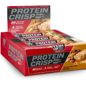A single BSN Protein Crisp Peanut Butter Crunch bar, offering 20g of protein, a crunchy texture, and only 230 calories for a macro-friendly, gluten-free snack.