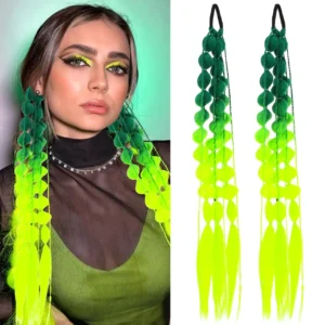 Two pairs of green and blue Ipetboom bubble braids hair extensions with hair ties for a fun and vibrant festival or crazy hair day look.