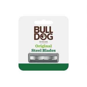A pack of four Bulldog Original Bamboo Razor replacement blades for men, featuring five tempered steel blades, lubricating strip with aloe, a precision trimmer, and a brushed metal head.
