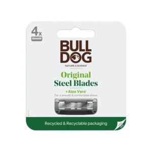 This image shows a pack of four Bulldog razor blade refills for men, designed for a smooth and comfortable shave with five tempered steel blades and lubricating aloe strips.
