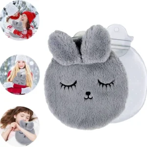 Gray plush bunny hot water bottle provides soothing warmth for neck, shoulder, and pain relief.
