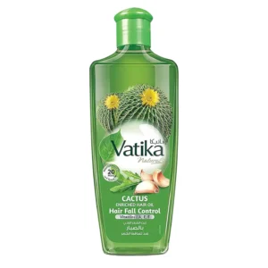 Vatika Naturals cactus hair oil infused with ginger and garlic to nourish and strengthen weak and falling hair for healthy growth and shine.