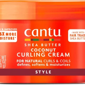 A 12oz jar of Cantu Coconut Curling Cream formulated for natural hair, offering hygienic packaging and a host of goodness.
