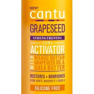 Cantu Grapeseed Curl Activator Cream hydrates and defines curls with shea butter, grapeseed, olive oil, aloe, and mango seed butter, leaving hair soft and moisturized in all climates.