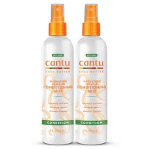 Two bottles of Cantu Shea Butter Hydrating Mist formulated with shea butter, castor oil, and argan oil to hydrate and detangle hair, reducing breakage and flyaways, while being free of sulfates, parabens, and phthalates.