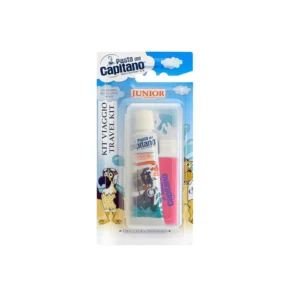 Pasta del Capitano Junior travel kit including soft mint toothpaste for children 6 years and older, and a folding toothbrush.
