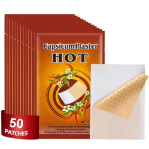 Fifty hot capsicum pain relief patches made with chili pepper extract for arthritis, back pain, and wrist pain are displayed.