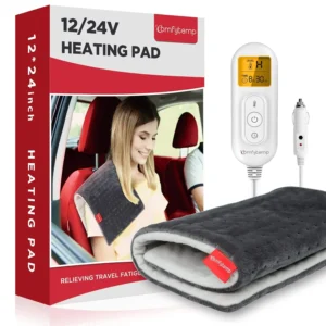 This 12V/24V car electric blanket provides soothing heat for back pain relief during travel, featuring six heat settings, five auto-off timers, and a portable design that is machine washable.