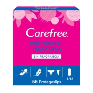 Carefree Flexiform panty liners, small/medium size, designed for a perfect fit with normal panties and thongs, offering breathable, soft, stay-in-place protection.
