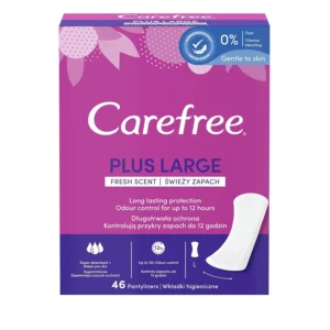 This is an image of Carefree Plus Large panty liners with a fresh scent, containing 46 individually wrapped liners for feminine hygiene and everyday freshness.