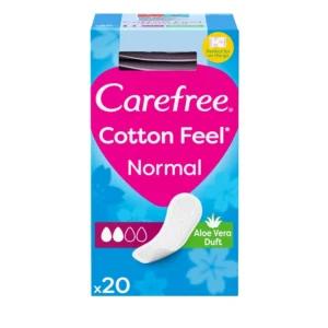 Individually wrapped Carefree panty liners with natural cotton extract and a light, fresh scent offer discreet, thin, and absorbent protection.