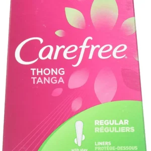 Two packs of Carefree Thong Regular Unscented Liners with stay put wings and end-to-end adhesive for maximum airflow and comfortable protection.