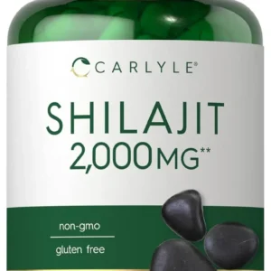 Bottle of Carlyle Shilajit capsules, a mineral-rich supplement sourced from the Indian Himalayas, with 2000mg potency per serving and free of gluten and GMOs.