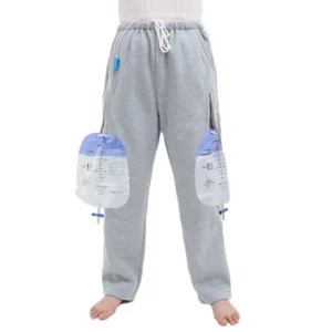 Discreet catheter leg bag pants designed to hold two 2000ml urine drainage bags for foley, suprapubic, biliary, or nephrostomy catheters, offering comfort and privacy.