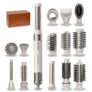 Cecotec 14-in-1 AirGlam hair styler with Coanda technology creates perfect curls with ceramic and keratin coated heads for healthy, shiny hair and includes a leather storage case.