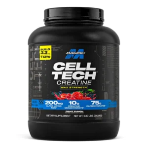 Muscletech Cell-Tech creatine monohydrate powder in fruit punch flavor helps support muscle growth, post workout recovery, and increased strength for men and women.