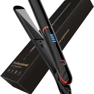 Black ceramic hair straightener, a 2 in 1 styling tool that straightens, curls, and waves hair quickly with a smooth glide.