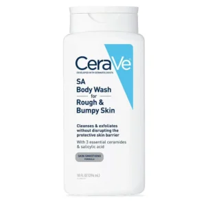 CeraVe salicylic acid body wash gently exfoliates rough and bumpy skin with essential ceramides to restore the skin's natural barrier.