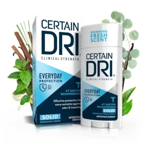 A solid Certain Dri clinical strength antiperspirant deodorant provides all-day sweat and odor protection with its 20% Aluminum Zirconium Complex formula recommended by doctors for excessive sweating.