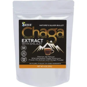 This is a jar of Sayan Siberian Chaga Mushroom extract with Shilajit powder, a powerful antioxidant supplement that supports immune system health and provides fulvic acid benefits.