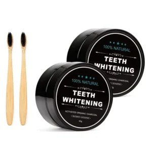 This image shows a 2-pack of natural coconut activated charcoal teeth whitening powder with an included bamboo brush, promising whiter teeth by removing stubborn stains from coffee, tea, wine and cigarettes.