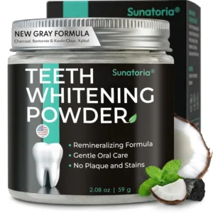 Sunatoria activated charcoal teeth whitening powder made in the UK helps remove stains from coffee, tea, and wine for a brighter smile.