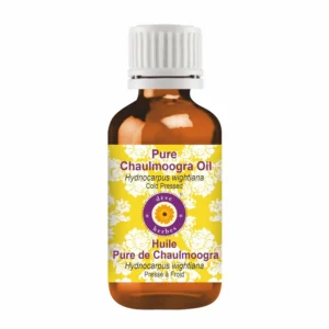 A small amber glass bottle of Deve Herbes pure Chaulmoogra oil, extracted through cold pressing for therapeutic use.