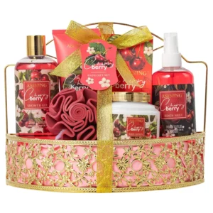 This cherry-scented spa gift basket for women includes shower gel and lotions, perfect for birthdays, holidays, or any special occasion.