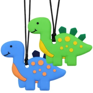 A green dinosaur chew necklace provides a safe and discreet sensory outlet for kids with ADHD, autism, or sensory processing disorder, offering a durable and textured surface for teething and oral motor needs.