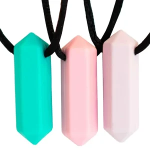 This set of three sensory chew necklaces provides a safe and calming chewing outlet for kids and adults with anxiety, autism, or ADHD.