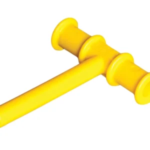 A yellow Chewy Tube, made of FDA approved thermo-elastic polymer, is shown, assisting with oral motor skill development, muscle strengthening, and calming chewing needs.