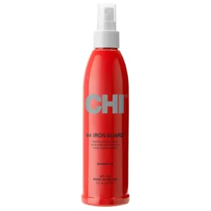 A bottle of CHI 44 Ironguard Thermal Protection Spray for women, a capillary protector in a 237 ml container.