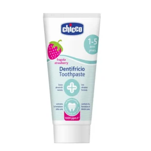 Chicco Strawberry Toothpaste is preservative-free, contains bio-available calcium and sodium fluoride, and has a nonabrasive formula perfect for kids' milk teeth.