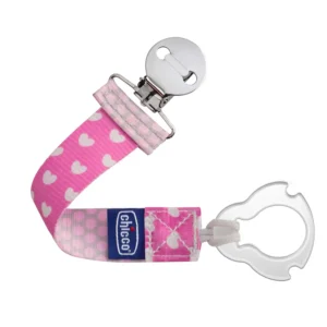 This pink and grey Chicco universal pacifier clip keeps baby's soother clean and close, and it securely attaches to clothing without damage.