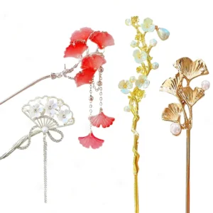 Four elegant floral Chinese hair sticks offer a vintage and stylish way to accessorize long hair.
