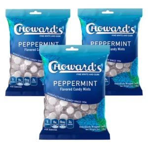 This three-pack of Choward's vintage peppermint candies, with 49 individually wrapped mints in each bag, delivers a bold and refreshing flavor perfect for sharing and on-the-go freshness.