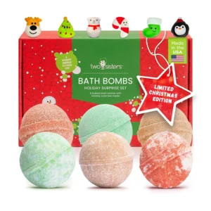 Festive Christmas bath bombs with surprise toys inside, made in the USA with safe ingredients that won't stain your tub, perfect for kids.